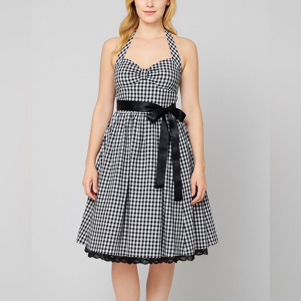 Vintage City Triangles black and white halter fit and flare dress, size 3
